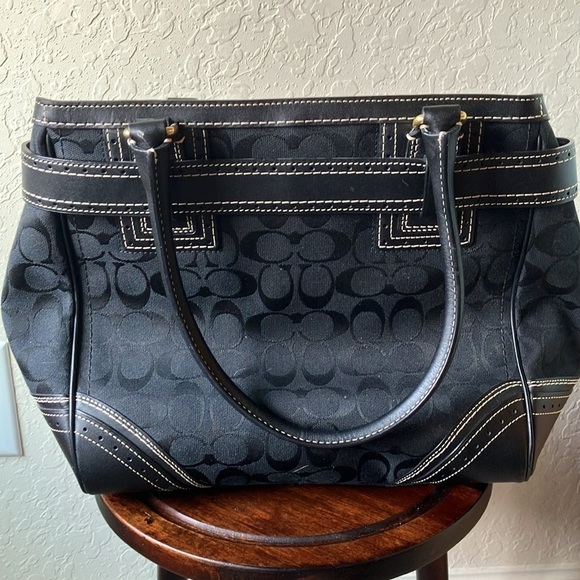 Coach: Black Hampton Signature Satchel Tote Bag- Leather Trim- Gold tone(10509) - Picture 8 of 16